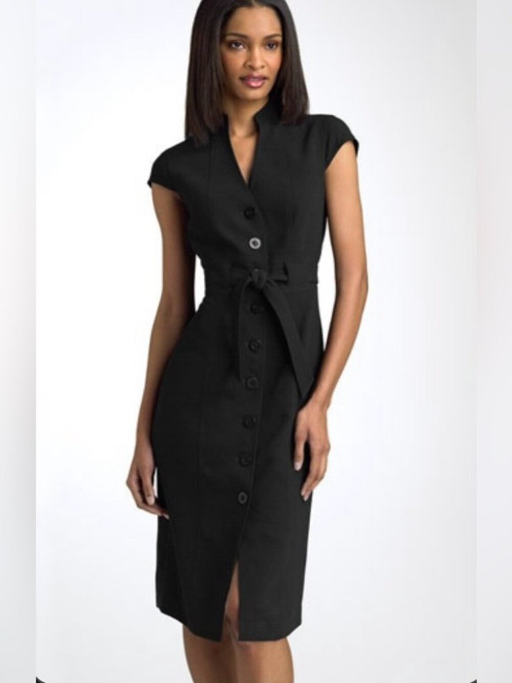 Calvin Klein Black Cap-Sleeve Belted Button-Front Midi Dress - Size 10
